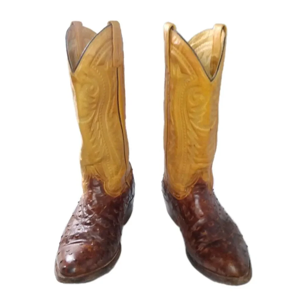 Rudel Western Boots Men's Size 9.5 E Ostrich Embossed Leather Brown